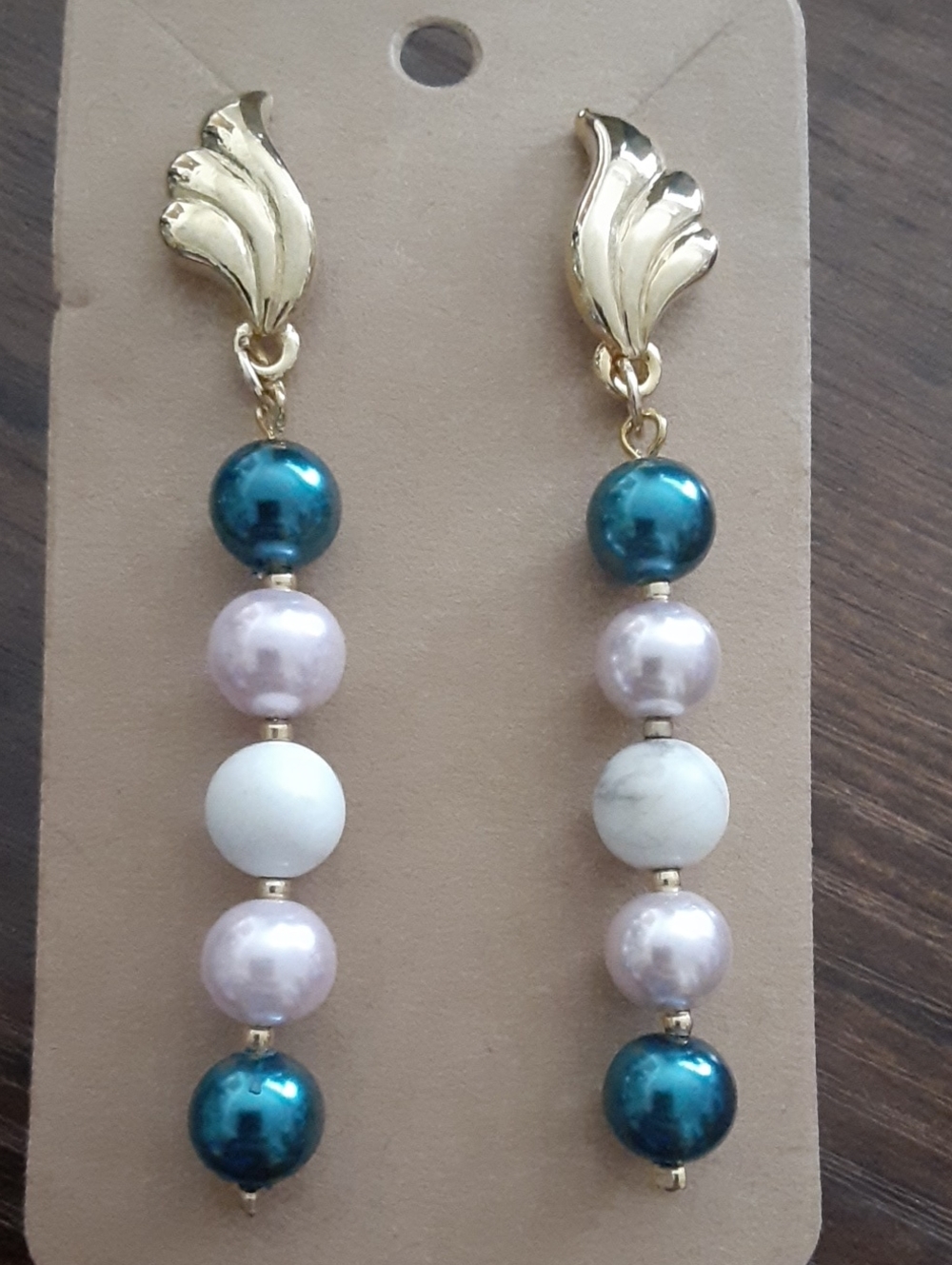 Gold-Tone Drop Earrings with Teal, Pink and White Natural Stones
